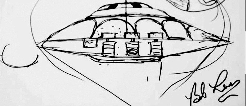 Drawing of an alien spaceship by Bob Lazar - KGRA Digital Broadcasting